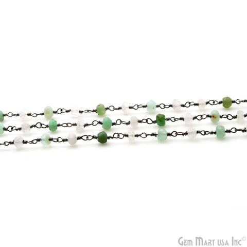 Chrysoprase With Rainbow Faceted 3-3.5mm Oxidized Wire Wrapped Beads Rosary Chain
