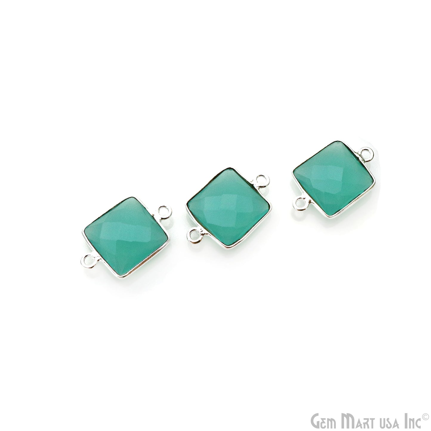 Aqua Chalcedony Square 12mm Silver Plated Double Bail bezel Gemstone Connector