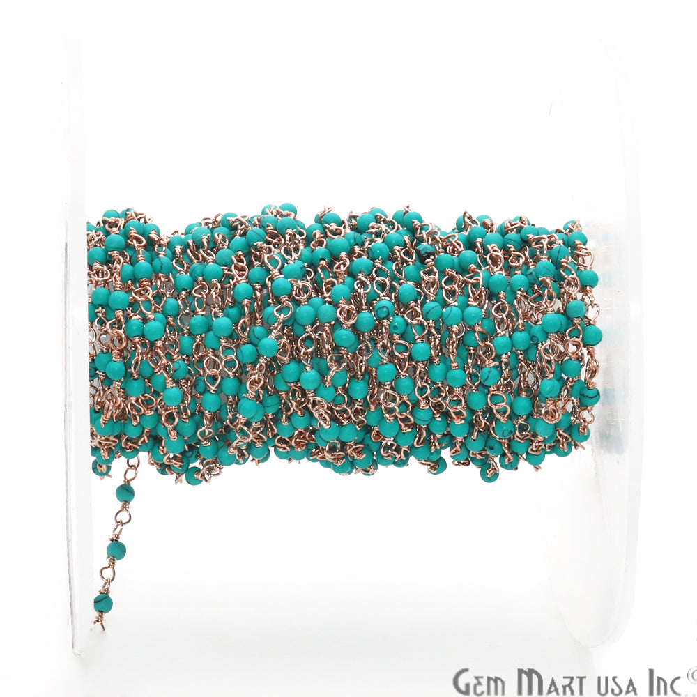 Turquoise 2-2.5mm Beaded Beaded Rose Gold Plated Wire Wrapped Rosary Chain - GemMartUSA