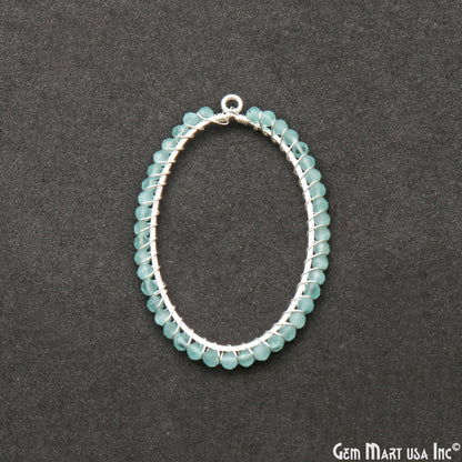 Aqua Chalcedony Oval Shape 52x35mm Silver Wire Wrapped Beads Hoop Connector