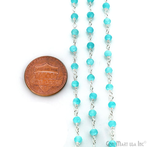 Dark Aqua Chalcedony Faceted Round 3-3.5mm Tiny Beads Silver Plated Wire Wrapped Rosary Chain
