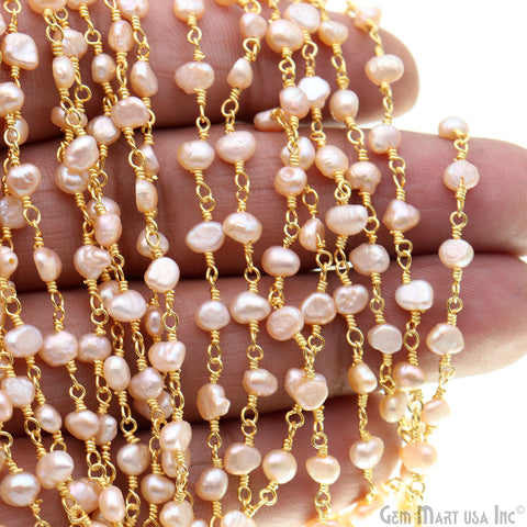 Pink Pearl Free Form 5-6mm Gold Wire Wrapped Beads Rosary Chain