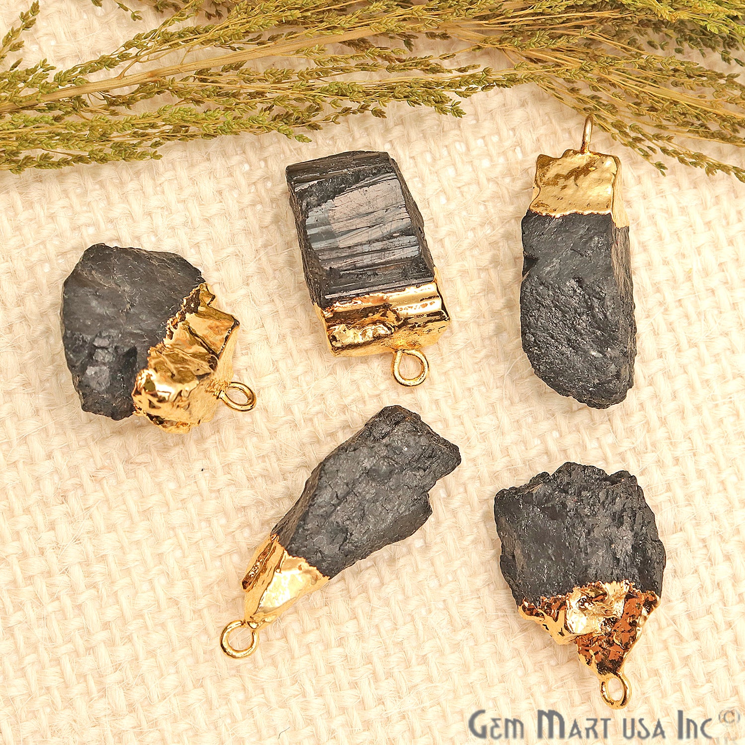 Rough Black Tourmaline Gemstone 20x10mm Gold Edged Bracelets Connector - GemMartUSA