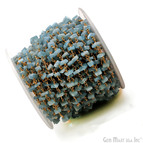 Aquamarine Square Beads 4-5mm Gold Wire Wrapped Rosary Chain