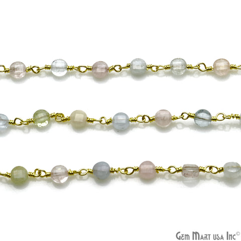 Aquamarine Faceted 3-4mm Gold Wire Wrapped Rosary Chain - GemMartUSA