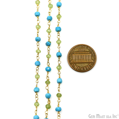 Turquoise & Peridot Bracelet 3-3.5mm Gold Plated Wire Beads Rosary Chain