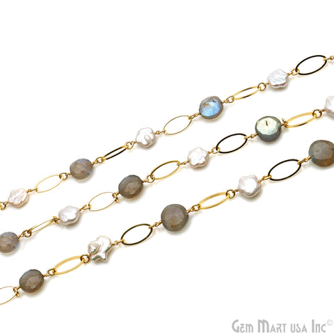 Labradorite & Pearl With Gold Oval Finding Rosary Chain