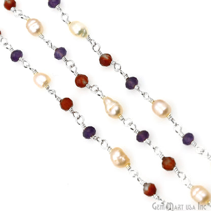 Multi Stone & Pearl Beads 3-3.5mm Silver Plated Wire Wrapped Rosary Chain