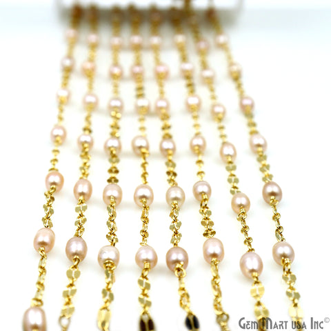 Pink Pearl Oval Beads Gold Plated Finding Rosary Chain