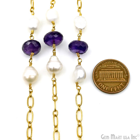 Amethyst & Pearl Round Beads Gold Plated Finding Rosary Chain