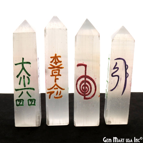 Selenite Tower Shape 90x20mm Engraved Symbols Reiki Healing Meditation Gemstones
