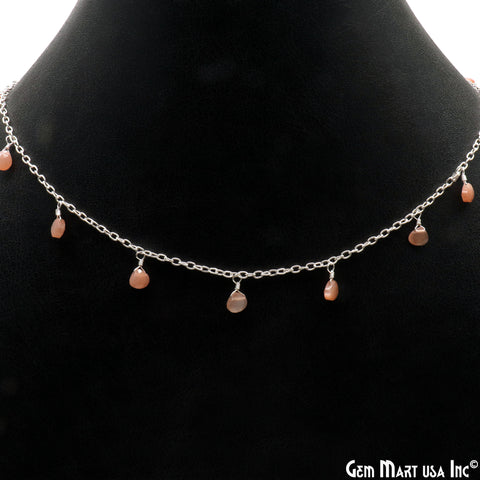 Peach Moonstone Heart 5mm Silver Wire Wrapped Dangle Rosary Chain