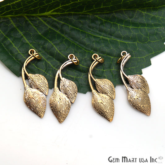 Leaf Shape Antique Plated 37x15mm Charm For Bracelets & Pendants - GemMartUSA