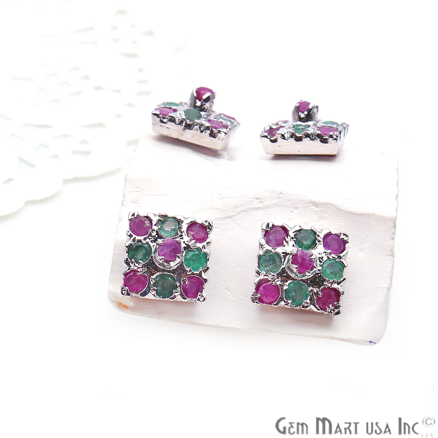 Emerald With Ruby 10mm Sterling Silver Square Shape Stud Earring - GemMartUSA