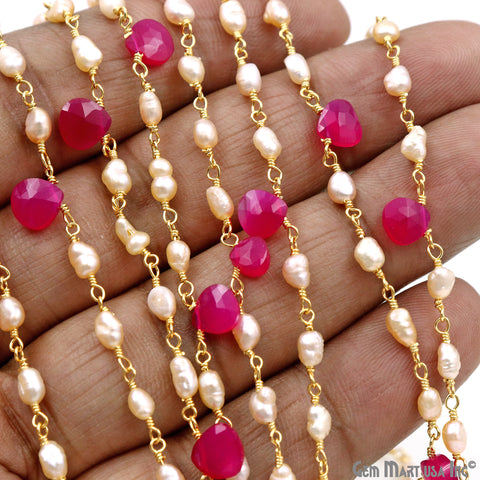 Pearl And Hot Pink Chalcedony Faceted Beads Gold Wire Wrapped Beads Rosary Chain