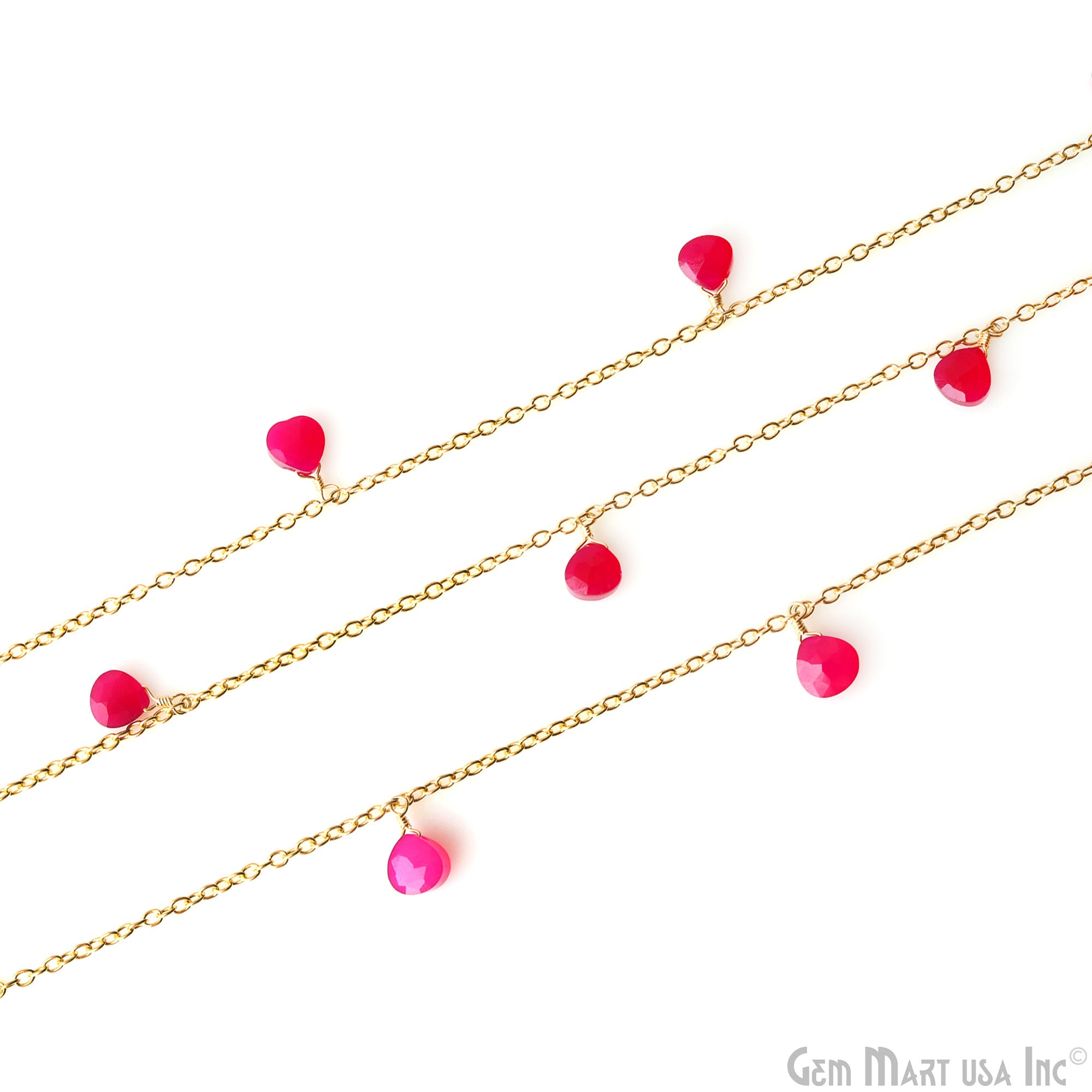 Hot Pink Chalcedony Faceted Heart 8mm Gold Wire Wrapped Rosary Chain