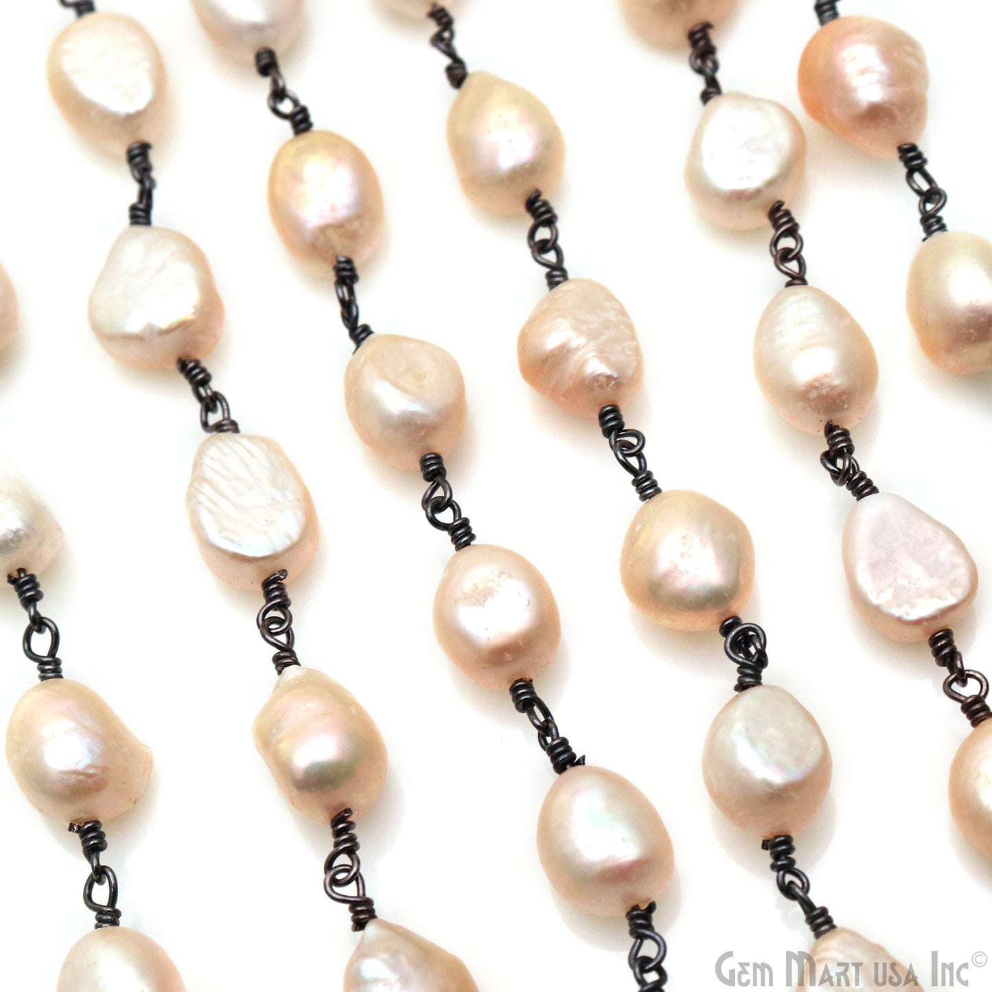 Pink Pearl Free Form Beads 6-8mm Oxidized Wire Wrapped Rosary Chain