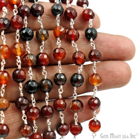 Dark Carnelian jade Faceted Beads 8mm Silver Wire Wrapped Rosary Chain