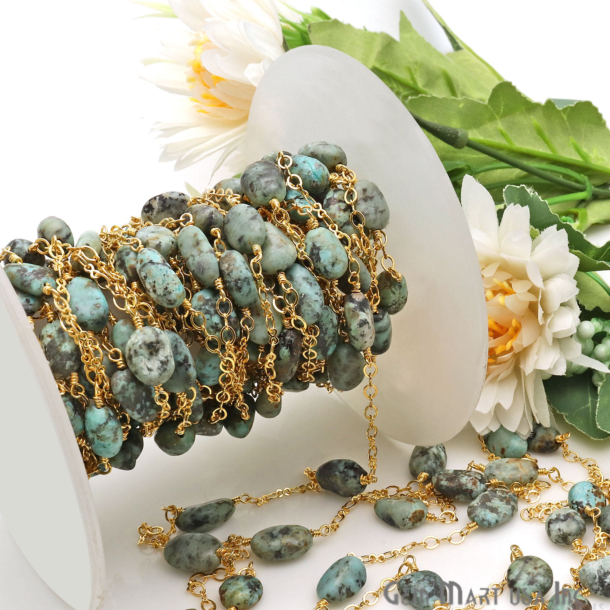 African Turquoise Tumble Beads Gold Plated Rosary Chain - GemMartUSA