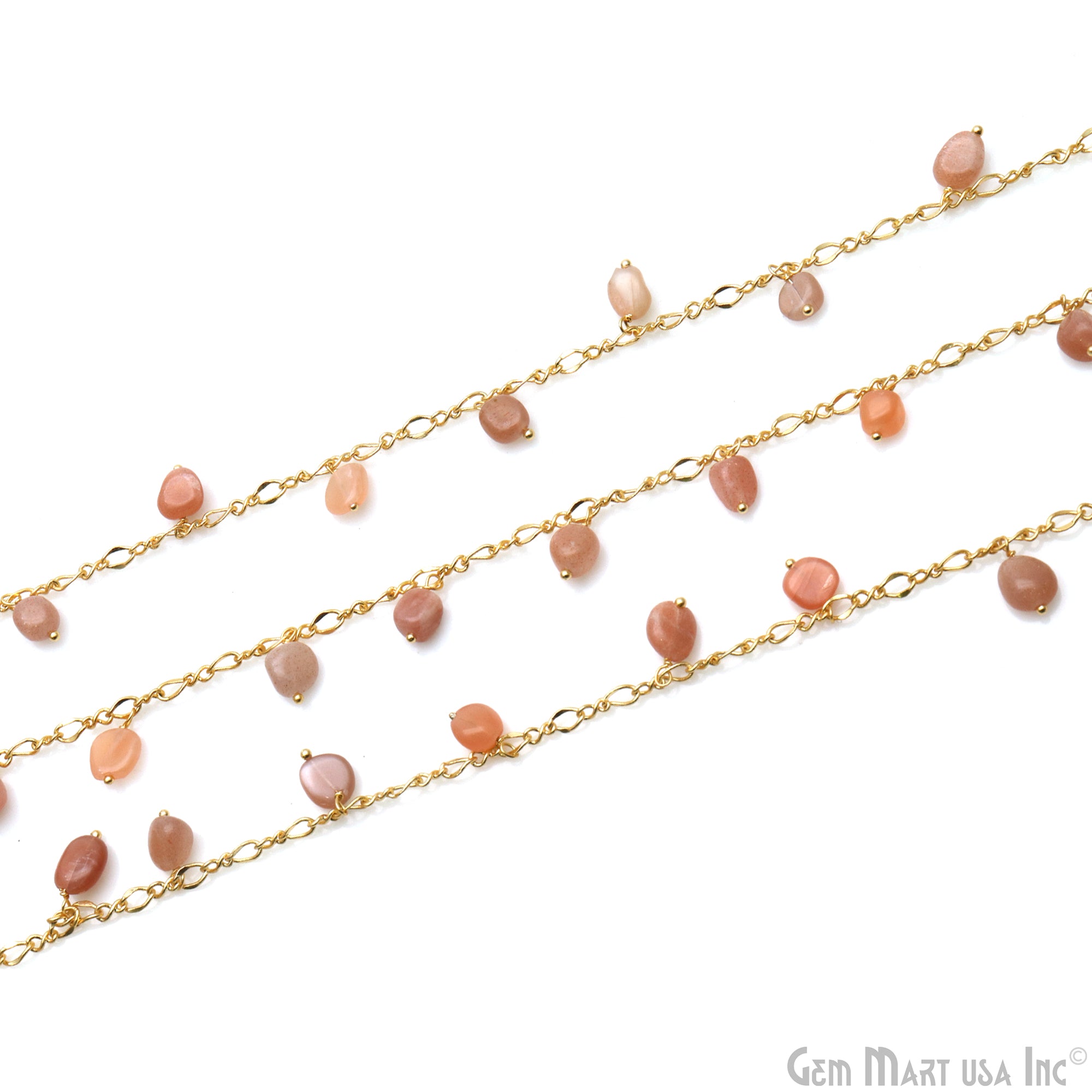 Peach Moonstone Tumble Beads 8x5mm Gold Plated Cluster Dangle Chain