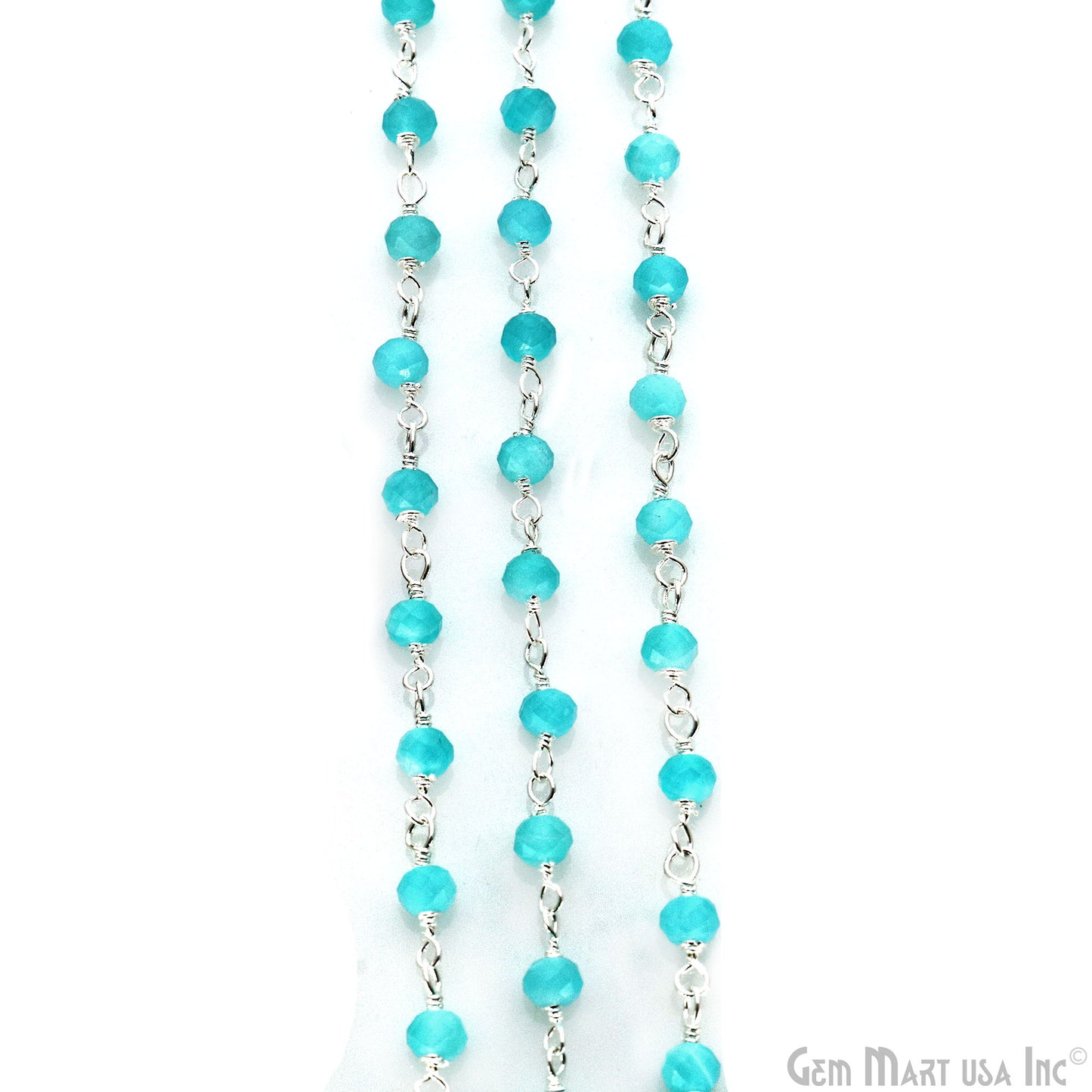 Dark Aqua Chalcedony Faceted Round 3-3.5mm Tiny Beads Silver Plated Wire Wrapped Rosary Chain