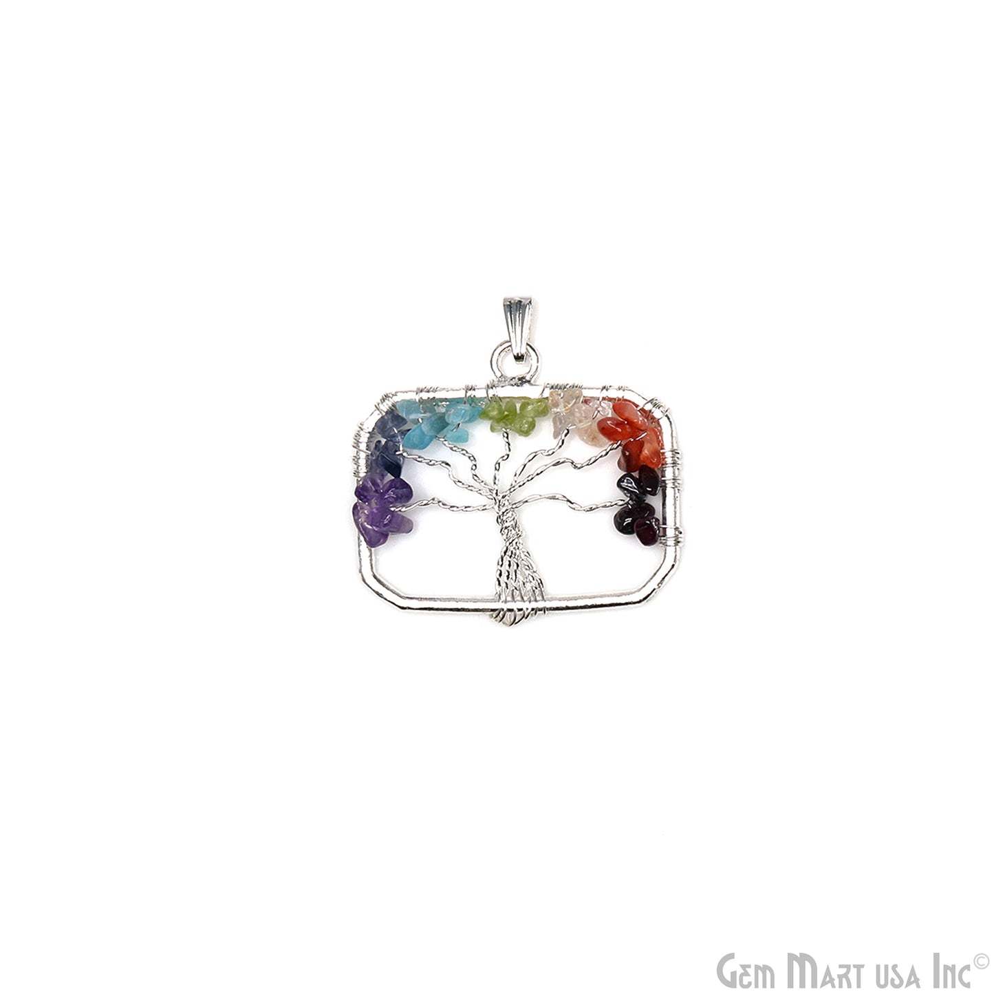 Multi Color Tree Of Life 45x29mm Silver Wire Wrapped Rectangle Shape Pendant