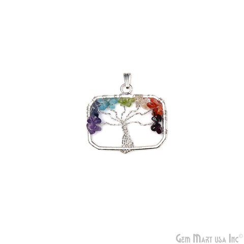Multi Color Tree Of Life 45x29mm Silver Wire Wrapped Rectangle Shape Pendant