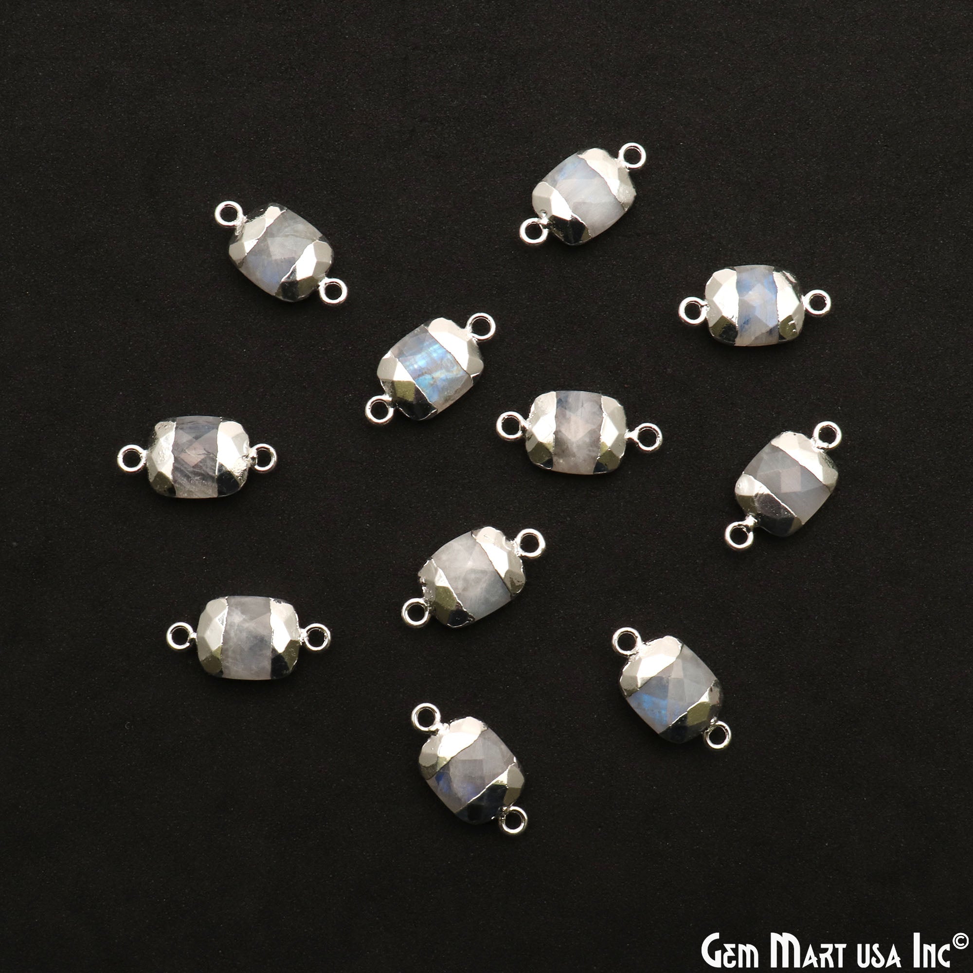 Rainbow Moonstone Octagon 9x11mm Silver Electroplated Double Bail Gemstone Connector