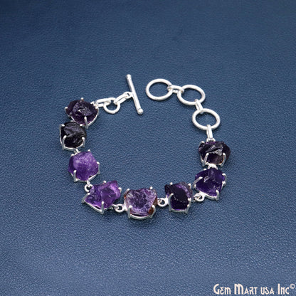 Natural Rough Gemstone In Silver Plated Prong Setting Toggle Clasp Bracelet 7 Inch