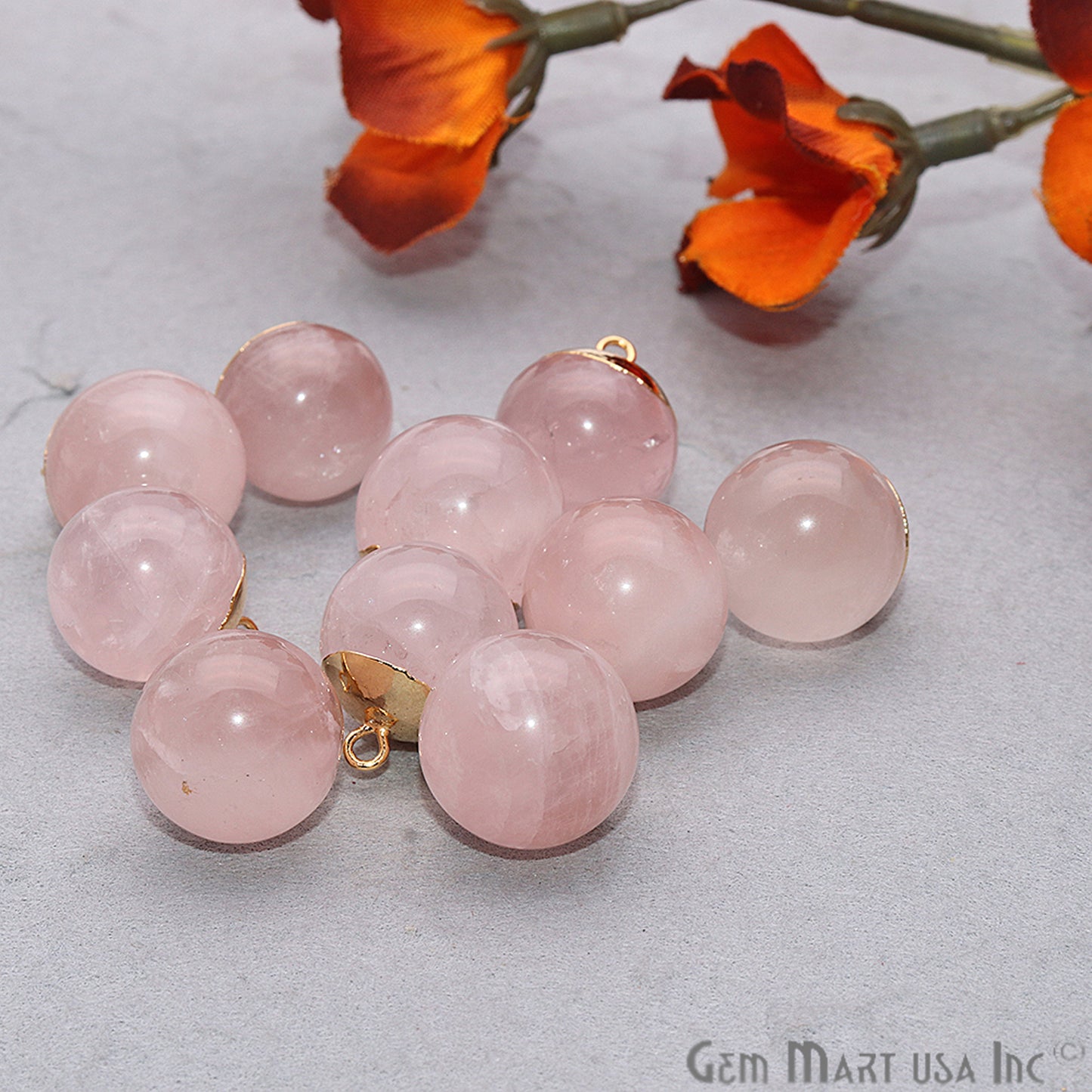 Rose Quartz 16x20mm Gold Electroplated Single Bail Charm Ball Connector - GemMartUSA