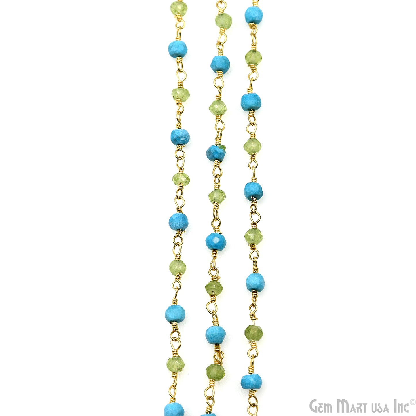 Turquoise & Peridot Bracelet 3-3.5mm Gold Plated Wire Beads Rosary Chain