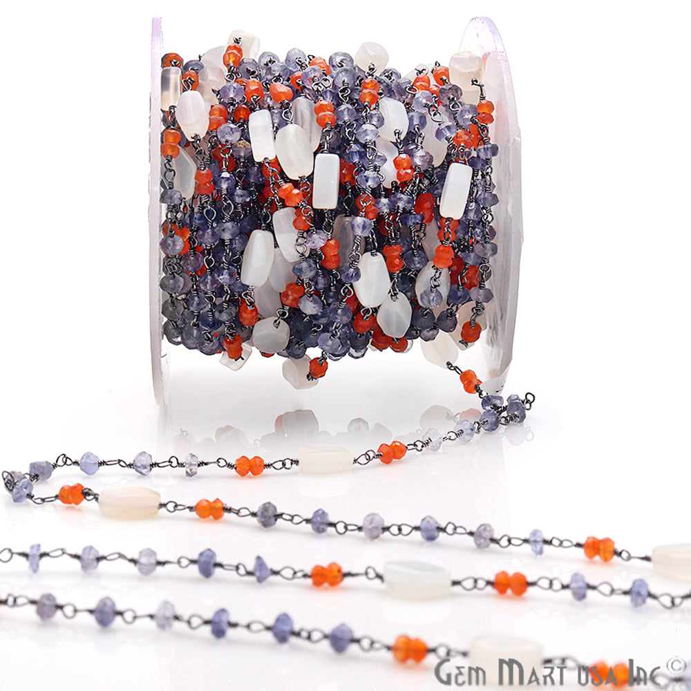 Moonstone, Tanzanite & Carnelian Multi Gemstone Beaded Wire Wrapped Rosary Chain - GemMartUSA