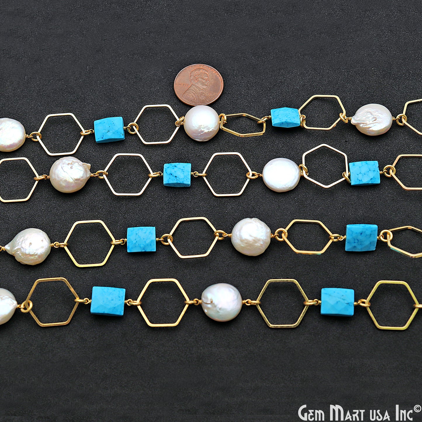 Turquoise & Pearl With Gold Hexagon Finding Rosary Chain