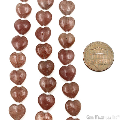 Strawberry Quartz Heart Beads, 7 Inch Gemstone Strands, Drilled Strung Briolette Beads, Heart Shape, 10mm