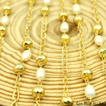 Golden Pyrite 6-7mm & Pearl Round Beads Gold Plated Finding Rosary Chain