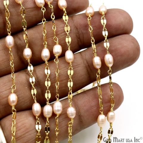 Pink Pearl Oval Beads Gold Plated Finding Rosary Chain