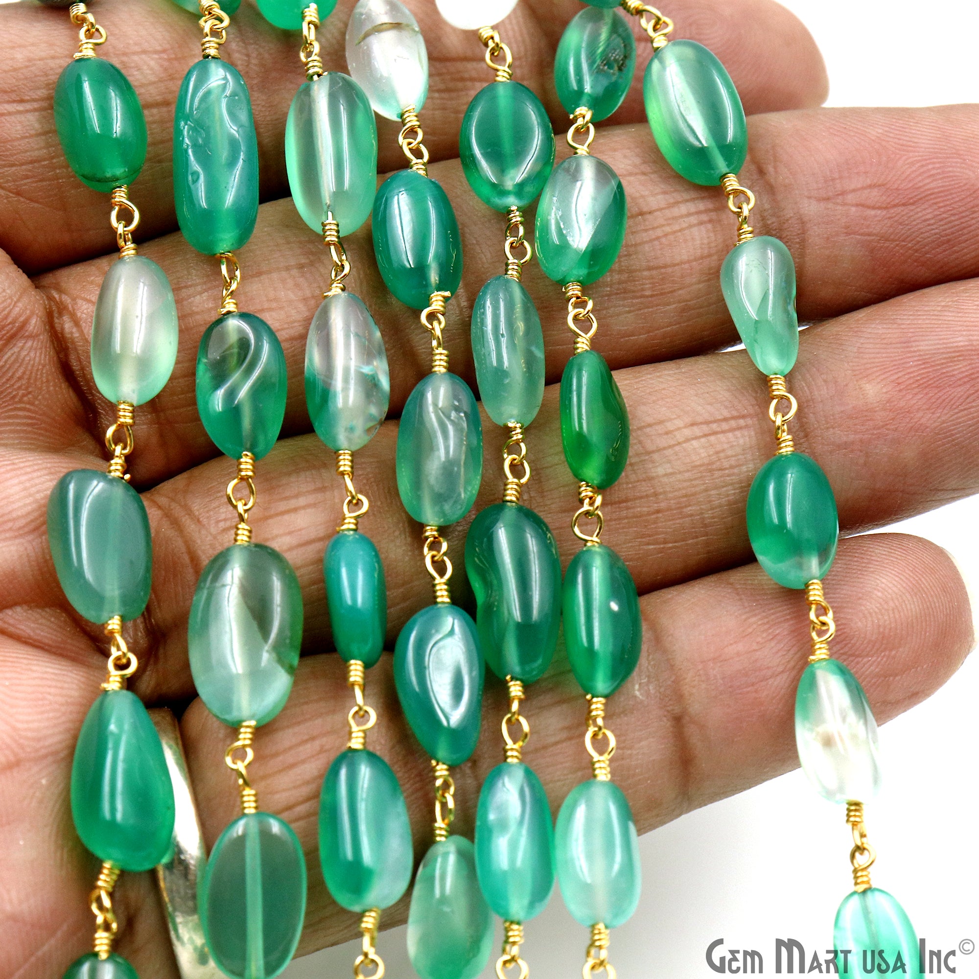 Shaded Green Onyx 12x5mm Tumble Beads Gold Plated Rosary Chain