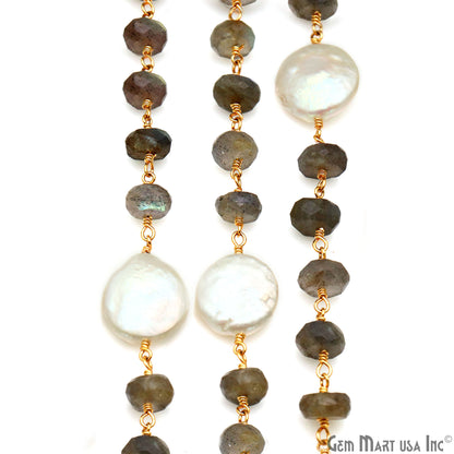 Labradorite Rondelle Beads 7-8mm & Pearl 13mm Beads Gold Plated Rosary Chain