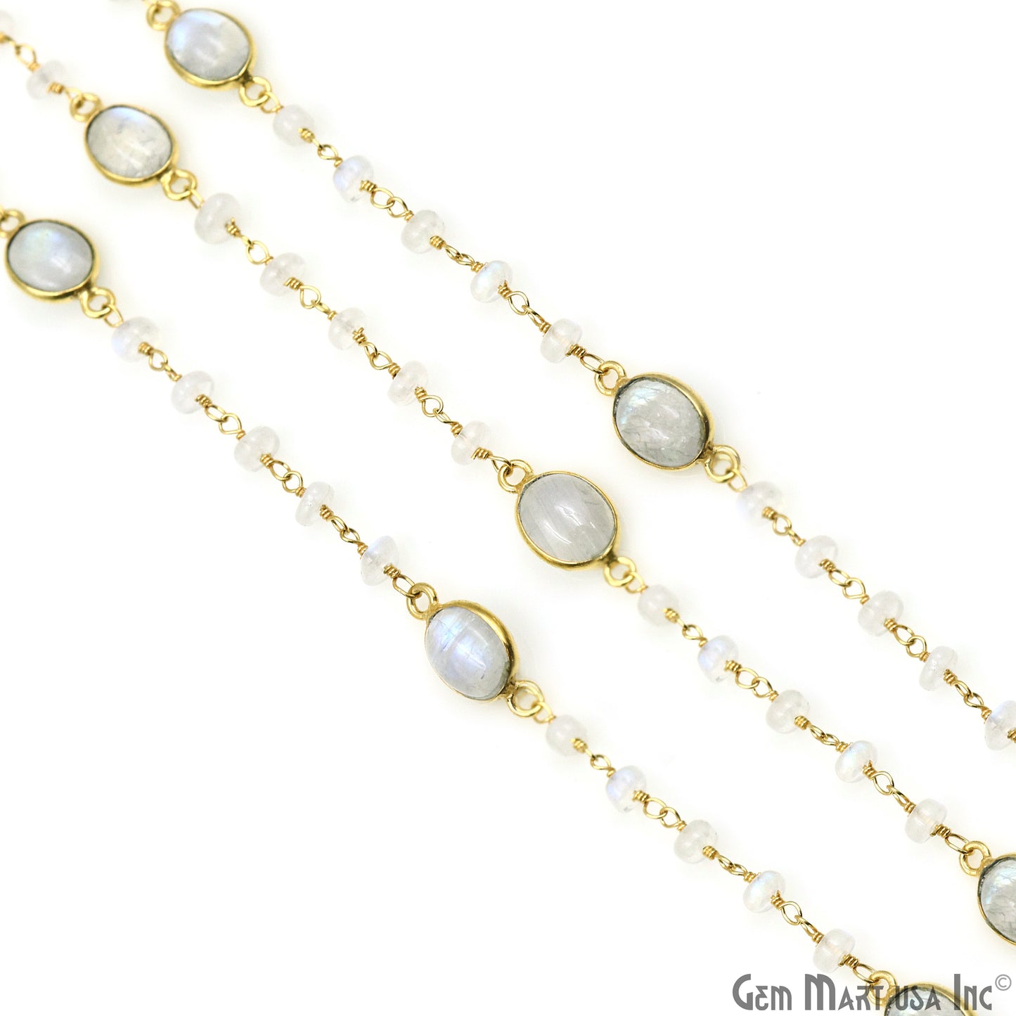 Rainbow Moonstone Beads & Bezel Connector Gold Plated Rosary Chain