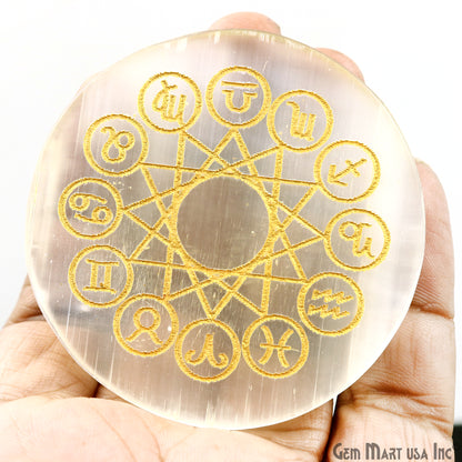 Selenite Round Plate Shape 69mm Engraved Zodiac Signs Reiki Healing Meditation Gemstones