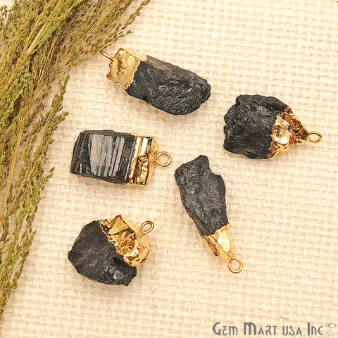 Rough Black Tourmaline Gemstone 20x10mm Gold Edged Bracelets Connector - GemMartUSA