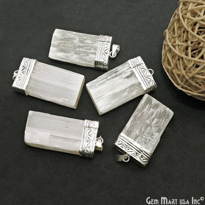 Selenite Rectangle 46x24mm Silver Connector Pendant