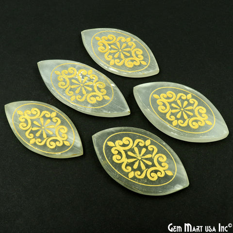 Selenite Marquise Plate Shape 71x38mm Engraved Design Reiki Healing Meditation Gemstones
