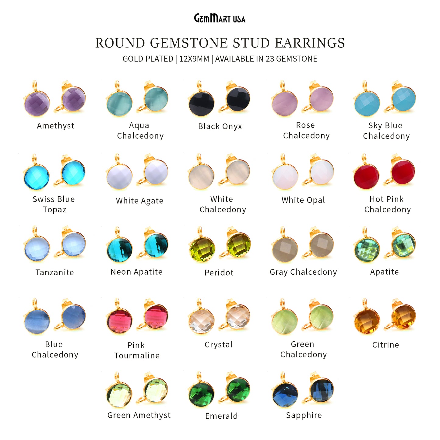 Round Faceted 12x9mm Single Bail Gold Plated Gemstone Stud Earrings