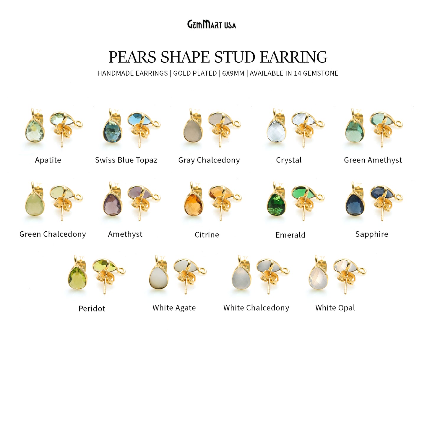 DIY Pears 6x9mm Gold Bail Gemstone stud Earring