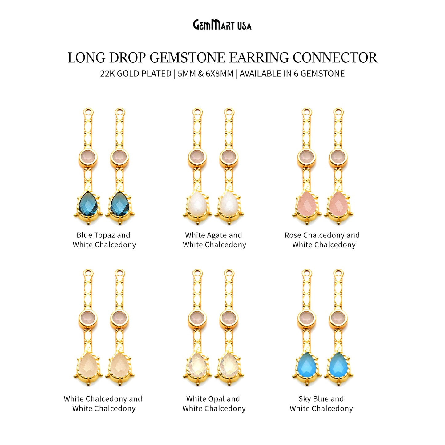 Long Gemstone Gold Plated Earring Connector