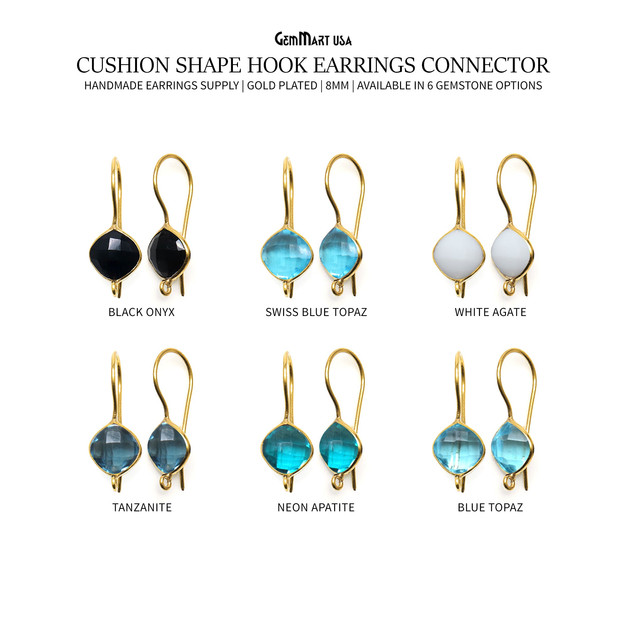 Cushion Shape 8mm Gemstone Connector Hook Earrings