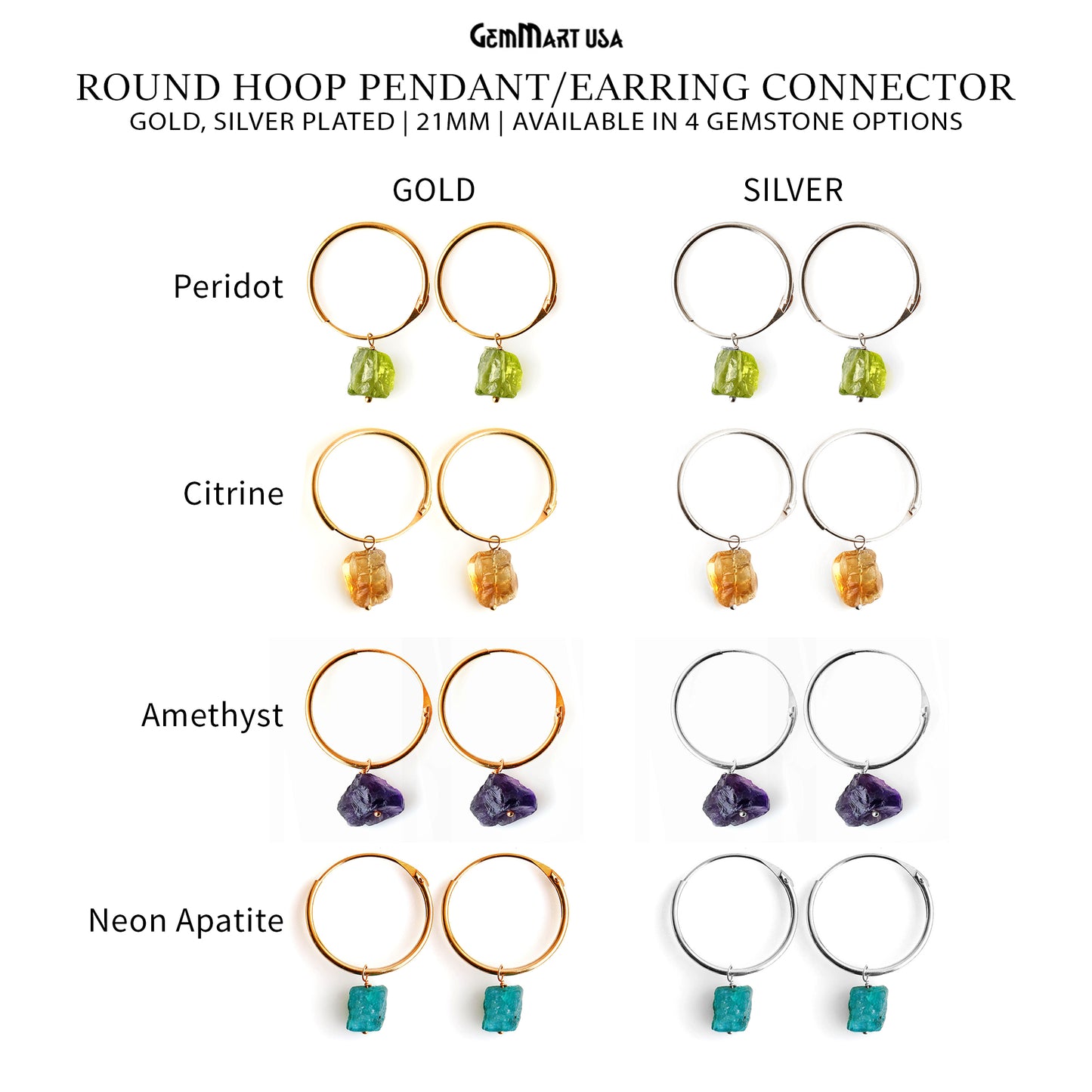 Rough Gemstone With Round Hoop 21mm Gold/Silver Pendant Connector