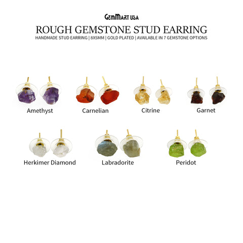 Natural Rough Gemstone 8x5mm Gold Plated Stud Earring