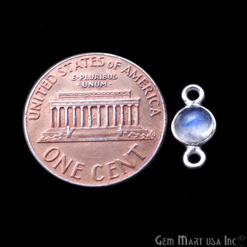 Rainbow Moonstone Cabochon 5mm Round Silver Plated Double Bail Gemstone Connector